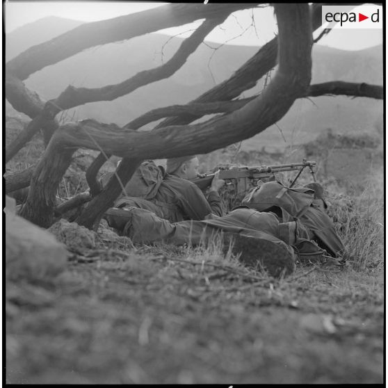 [Soldats du 2/8e RIM en position de tir au cours d'une opération en Kabylie.]