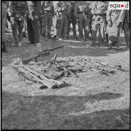 [Opération avec le commando Georges dans le secteur de Fenouane, près de la ferme Garrigues. Prise de vue des armes récupérées dont un fusil-mitrailleur.]