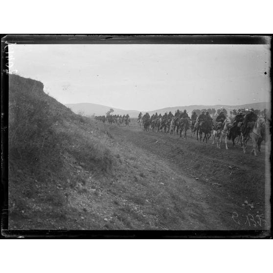 Près Vrtelom. Troupes sur la route de Monastir. [légende d'origine]