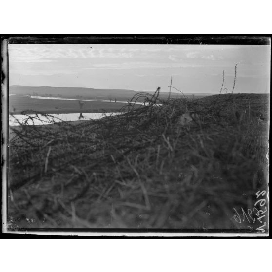 Près Brod. Bords de la Tcherna. Vue prise devant les fils barbelés bouleversés par notre bombardement. [légende d'origine]