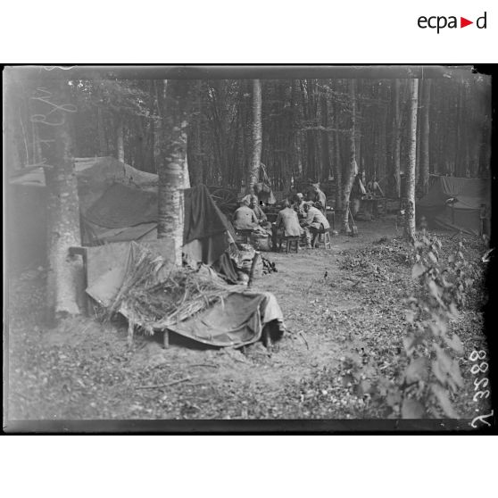 Forêt de Laigue (Oise). Un campement sous-bois. [légende d'origine]