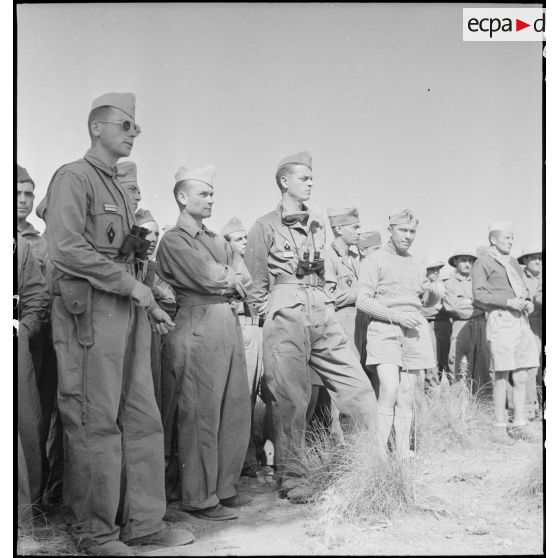 Dans le Sud algérien, des officiers et chasseurs du 2e RCA (régiment de chasseurs d'Afrique) observent une manoeuvre à laquelle participent des unités qui vont être engagées en Italie au sein du CEF (corps expéditionnaire français).