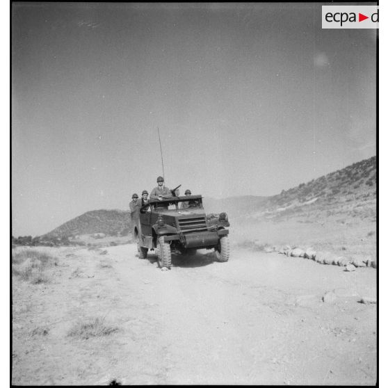 Scout-car M3A1 du 3e RSAR en patrouille de reconnaissance lors d'une manoeuvre dans la région de Batna.