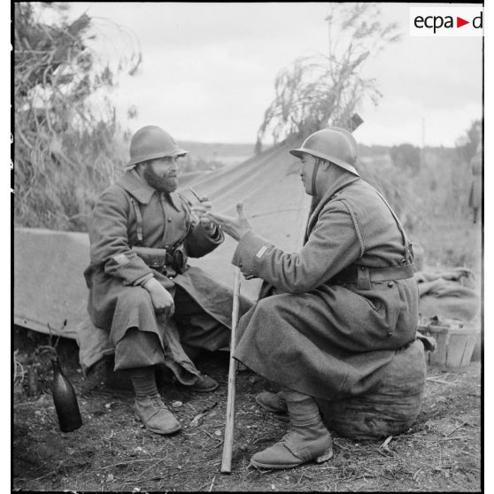 Un sergent-chef et un lieutenant du 7e RTA (régiment de tirailleurs algériens) de la DMC (division de marche de Constantine) discutent devant une tente dans le campement de l'unité, dans le secteur de Maktar.