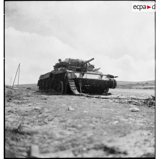 Epave d'un char britannique Crusader II sur le champ de bataille de Kasserine.