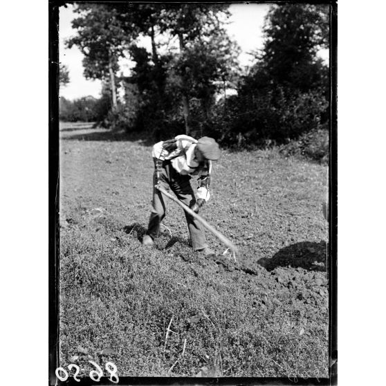 Champcervon (Manche). Le lieutenant Ledraus amputé des deux mains aux travaux des champs. [légende d'origine]