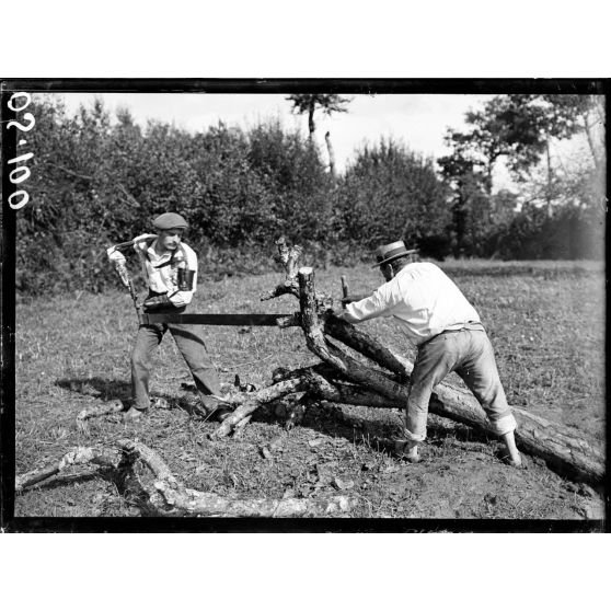 Champcervon (Manche). Le lieutenant Ledraus amputé des deux mains sciant un arbre. [légende d'origine]