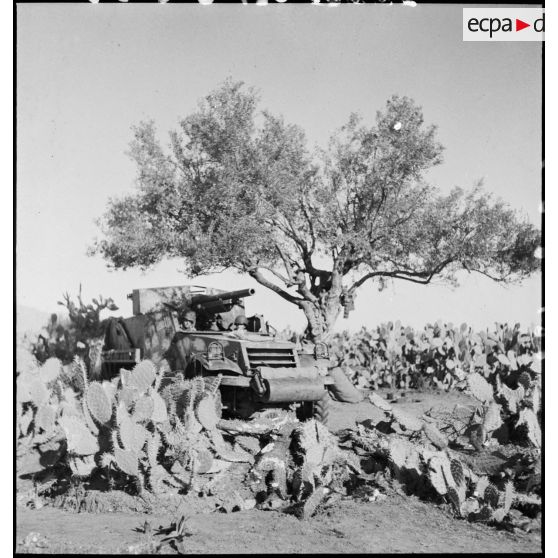 Dans le secteur de Fondouk el-Okbri, des soldats d'un bataillon de chasseurs de chars de la 1re DB (division blindée) du 2e CA (corps d'armée) américain, embarquent a bord de leur canon automoteur M3 GMC, canon de 75 mm monté sur châssis d'half-track M3.