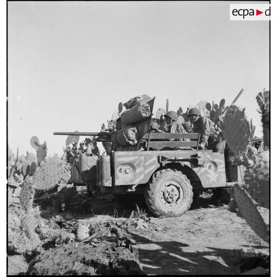 Dans le secteur de Fondouk el-Okbri, un Dodge T214/WC 55 d'un bataillon de chasseurs de chars de la 1re DB (division blindée) du 2e CA (corps d'armée) américain, équipé d'un canon antichar de 37 mm à l'arrière et d'une mitrailleuse légère Browning de 30 mm à l'avant, est en position.