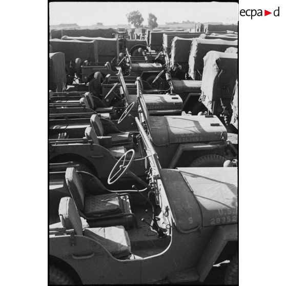 Stockage de jeeps Ford GPW et de remorques bâchées sur la chaîne de montage de matériel américain destiné aux troupes françaises sur le port de Casablanca.