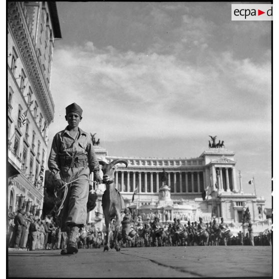 Défilé du bouc mascotte d'un régiment de tirailleurs marocains suivi de la nouba sur la pizza Vieneza à Rome.