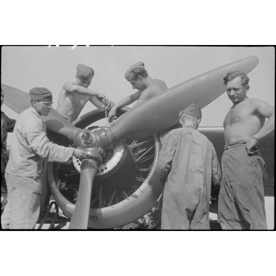 Sur l'aérodrome de Valence-Chabeuil (Drôme), le personnel au sol du Luftlandegeschwader 1 vérifie un Henschel Hs-126 avion une mission.