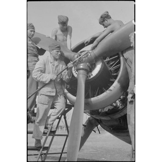 Sur l'aérodrome de Valence-Chabeuil (Drôme), le personnel au sol du Luftlandegeschwader 1 vérifie un Henschel Hs-126 avion une mission.