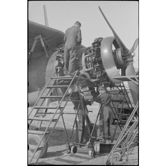 Sur l'aérodrome de Valence-Chabeuil (Drôme), le personnel au sol du Luftlandegeschwader 1 vérifie un Henschel Hs-126 avion une mission.