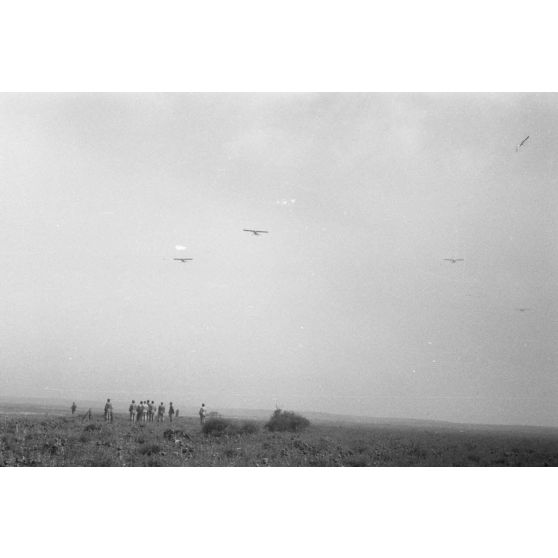 En Cyrénaïque, des avions de liaison Fieseler Fi-156 Storch survolent un terrain d'aviation occupé par le Sturzkampfgeschwader 3.