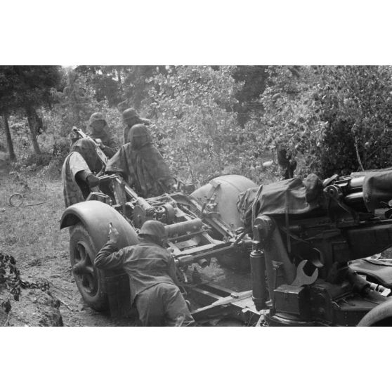 Démontage et attelage d'une pièce de DCA de 3,7 cm FlaK 18 : les servants tirent la pièce pour la relier à sa remorque.