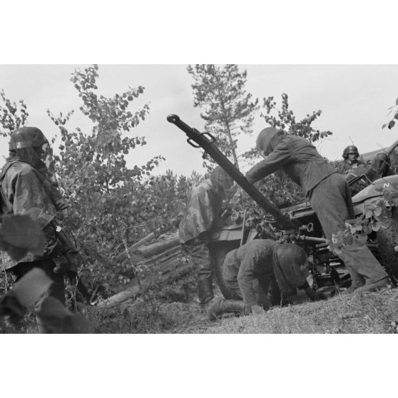 Démontage et attelage d'une pièce de DCA de 3,7 cm FlaK 18 : les servants tirent la pièce pour la relier à sa remorque.