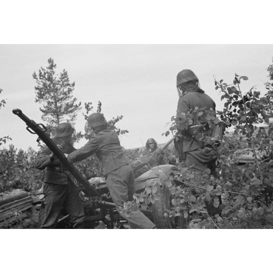 Démontage et attelage d'une pièce de DCA de 3,7 cm FlaK 18 : les servants tirent la pièce pour la relier à sa remorque.