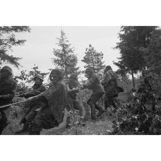 Démontage et attelage d'une pièce de DCA de 3,7 cm FlaK 18 : les servants tirent la pièce pour la relier à sa remorque.