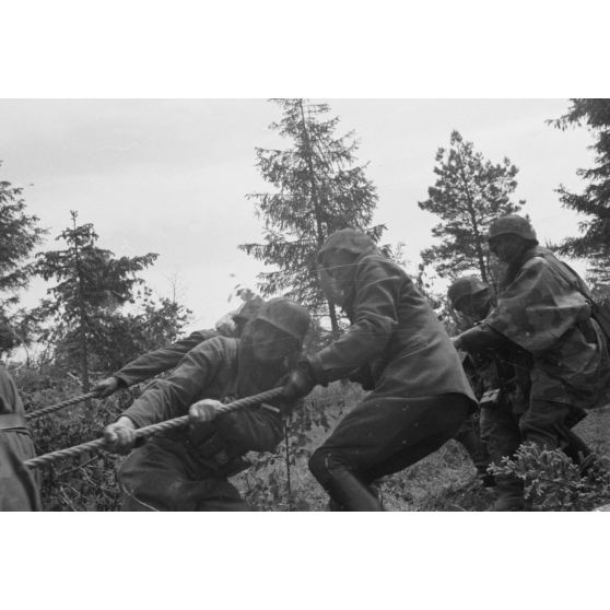 Démontage et attelage d'une pièce de DCA de 3,7 cm FlaK 18 : les servants tirent la pièce pour la relier à sa remorque.