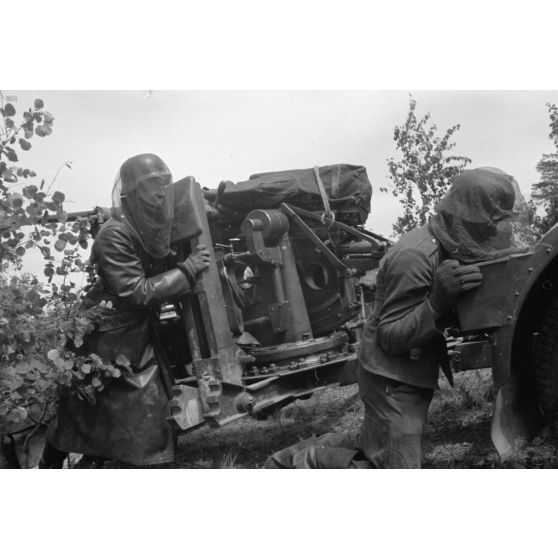 Démontage et attelage d'une pièce de DCA de 3,7 cm FlaK 18 : les servants tirent la pièce pour la relier à sa remorque.