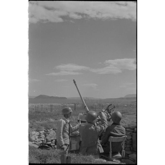 En Crète, des servants allemands d'une pièce de DCA légère de 2 cm FlaK.