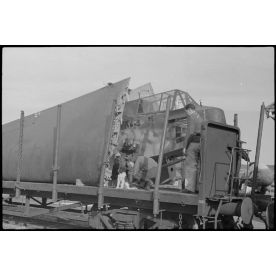 Sur le terrain d'aviation de Gardermoen, la mascotte du 8./LLG 1 (Lulftlandegeschwader 1) vient perturber le personnel du groupe lors de la fixation des planeurs DFS-230 sur des wagons de chemin de fer.