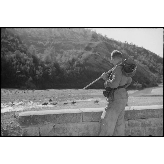 En Italie, dans le secteur de Montefalcone Nel Sannio, un parachutiste du Fallschirmjäger-Regiment 3 lors de la retraite allemande.