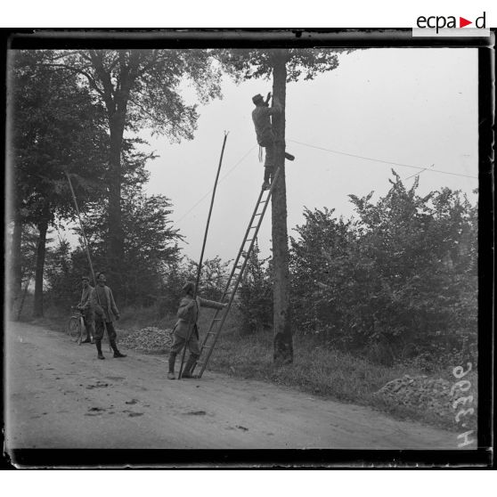 Route de Montdidier à Amiens. Fixation du cable sur arbre. [légende d'origine]