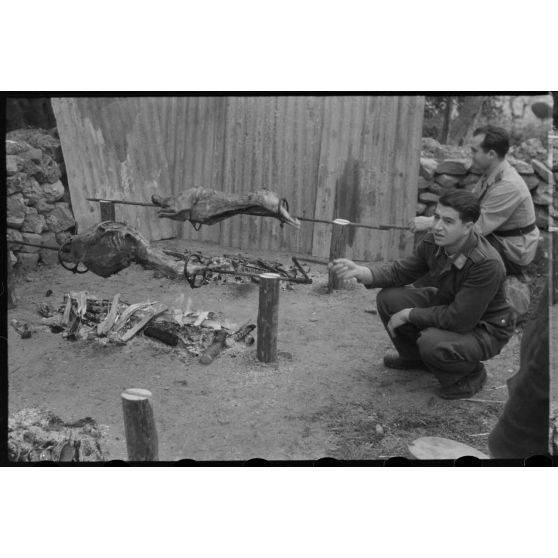 Des aviateurs de la Luftwaffe surveillent la cuisson de la viande pour méchoui organisé au sein d'une unité de reconnaissance de l'armée de l'Air allemande (Aufklärungsgruppe).