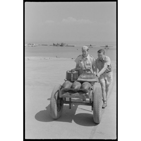 Des mécaniciens s'apprêtent à recharger les canons d'un Arado Ar-196 du Seeaufklärungsgruppe 126.