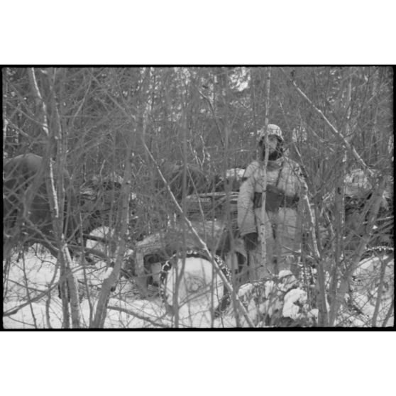 Dans un sous-bois, une sentinelle monte la garde devant des remorques d'infanterie tractées par des chevaux (Infanteriekarren IF 18).