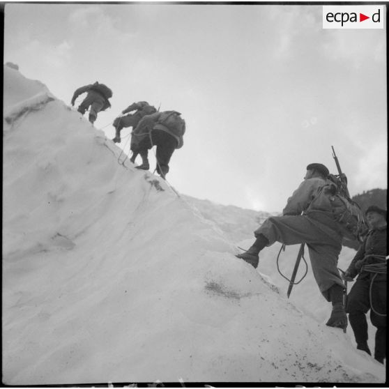 Des éclaireurs-skieurs du 199e BCHM progressent en colonne sur l'arête d'un glacier.