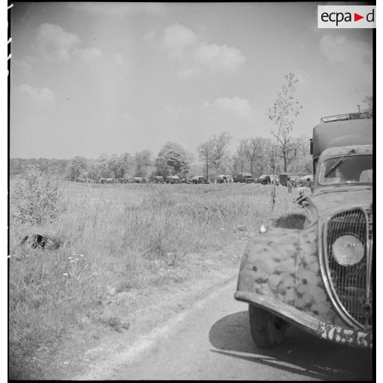 Une colonne motorisée française est à l'arrêt sur une route dans le secteur de la 2e armée.