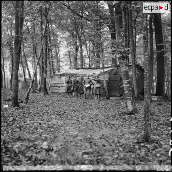 En forêt dans un cantonnement de campagne photographie de groupe des cadres d'une compagnie.