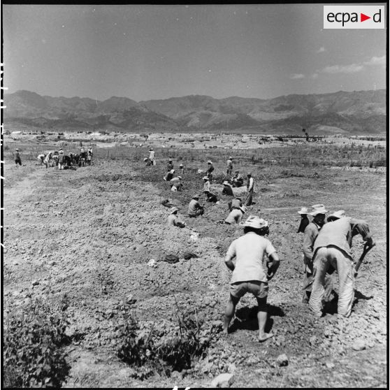 Des soldats creusent des tombes pour enterrer les morts sur le piton Isabelle du camp retranché de Diên Biên Phu.