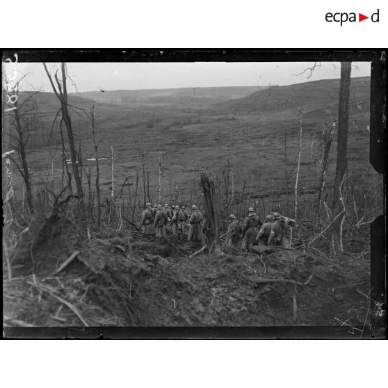 Bois de Fruty (Aisne). Une relève traversant le bois dévasté. [légende d'origine]