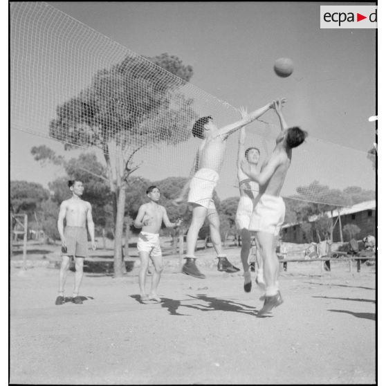 Des tirailleurs indochinois disputent un match de volley-ball au camp de Darboussière.