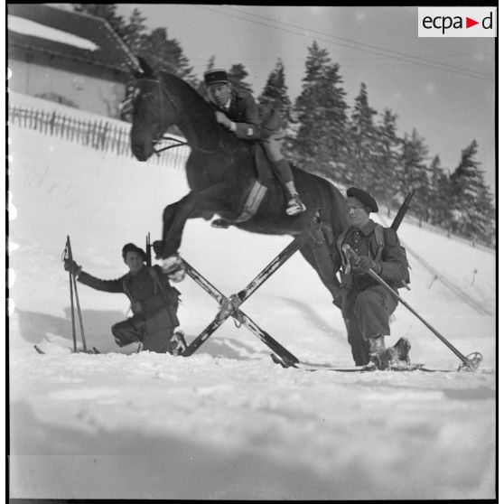 Exercice de saut à cheval au centre d'entraînement en montagne du Lioran.