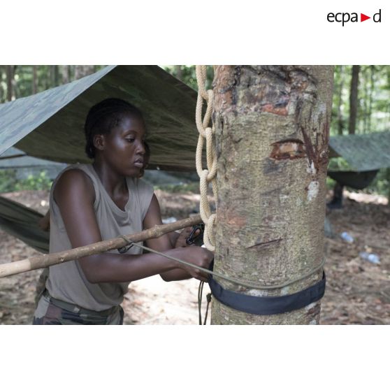 Une stagiaires du régiment du service militaire adapté (RSMA) installe son hamac pour le montage d'un bivouac lors d'un atelier jungle à Saint-Jean-du-Maroni, en Guyane française.