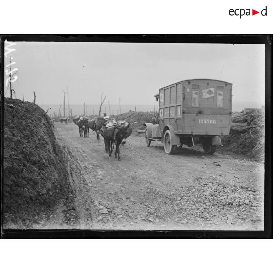 Maurepas, ânes portant la soupe aux tranchées. [légende d'origine]