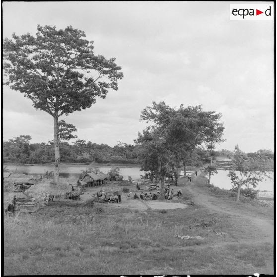 Passage du delta avec un petit village au carrefour de la digue du fleuve Rouge et du chemin menant au village de Yen Vinh.