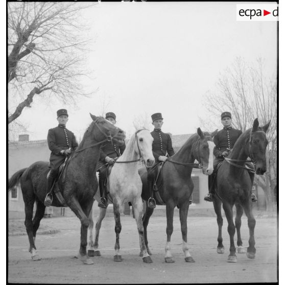 Portrait de groupe des sous-maîtres de manège, écuyers du Cadre Noir. Le Cadre Noir est stationné dans l'enceinte des écoles.