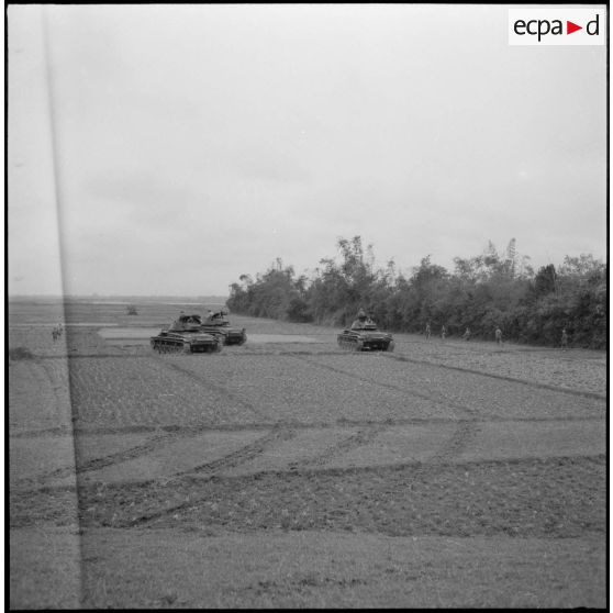 Progression à travers champs et rizières de chars M24 Chaffee du 1er régiment de chasseurs à cheval.