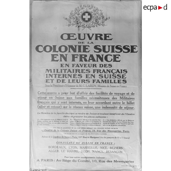 Paris. Musée Leblanc. Affiche. Oeuvre de la Colonie suisse en France en faveur des internés français. [légende d’origine]