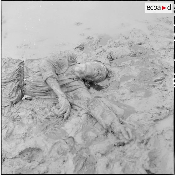 Le cadavre d'un partisan du Viêt-minh tué lors d'un accrochage au village d'An Lao, gisant dans un dans un rach.