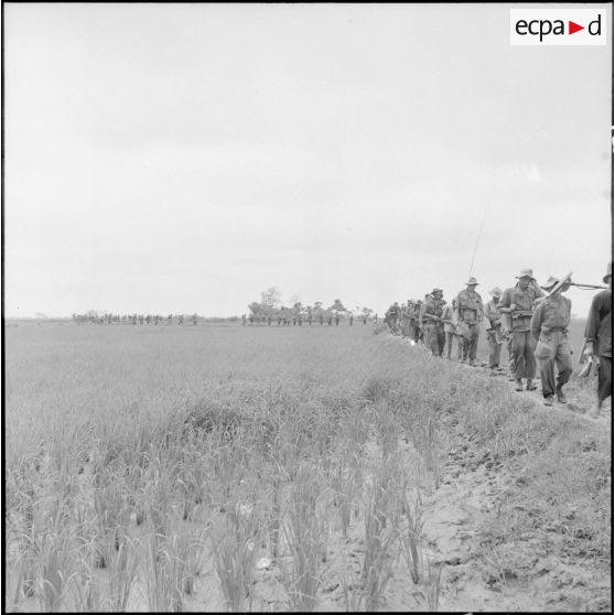 Les troupes franco-vietnamiennes progressent en colonne à travers les rizières en direction du village d'An Binh au cours de l'opération Méduse.