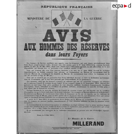 Paris. Musée Leblanc. Affiche. Avis aux réservistes dans leurs foyers. [légende d'origine]