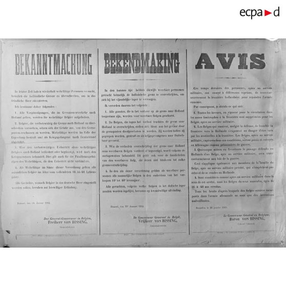 Paris. Musée Leblanc. Bruxelles. Aux belges mobilisables qui essaieraient de passer la frontière (26 janv. 15). [légende d’origine]