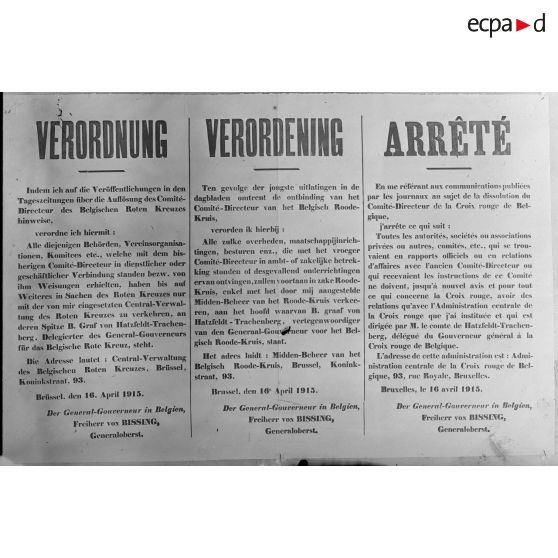 Paris. Musée Leblanc. Bruxelles. Dissolution du Comité directeur de la Croix rouge de Belgique (16 avril 15). [légende d’origine]